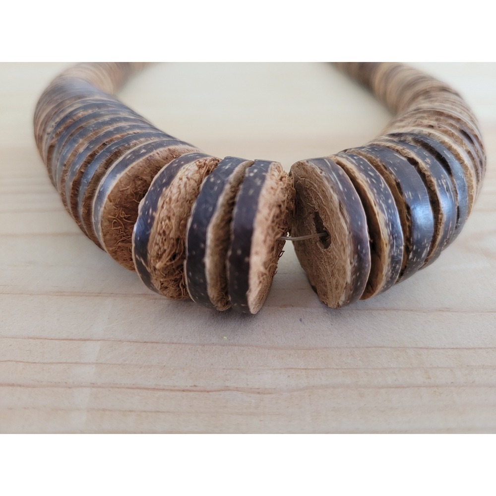 Vintage Natural Coconut Shell Disk Necklace‎ Brown Boho Heishi Statement 18 Inch